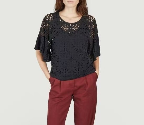 $428 NWOT See by Chloé Eyelet Top Lasercut Perforated Blouse Size 40 Black