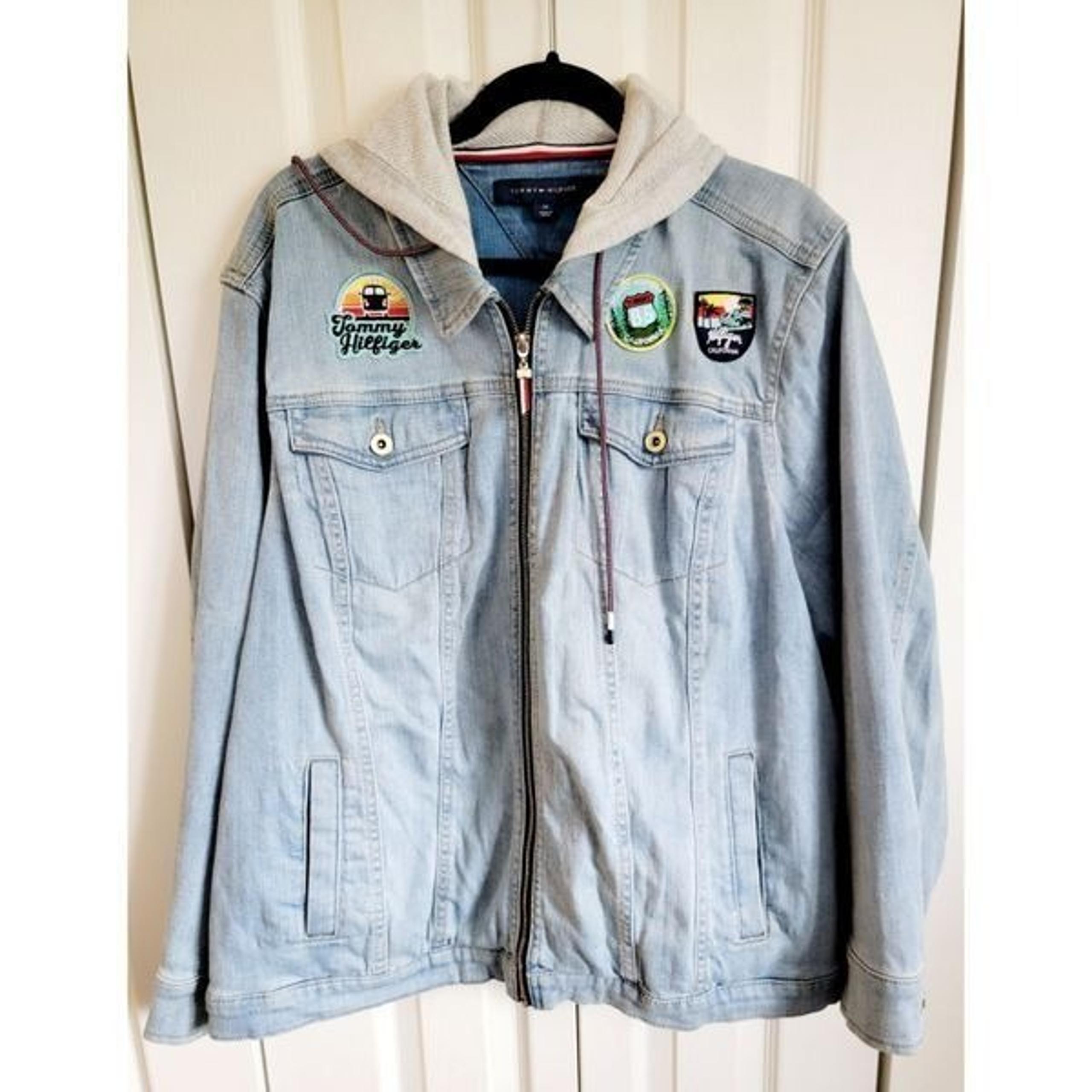Tommy Hilfiger 2X Hoodie Women Full Zip Denim Jacket Patches Acid Wash