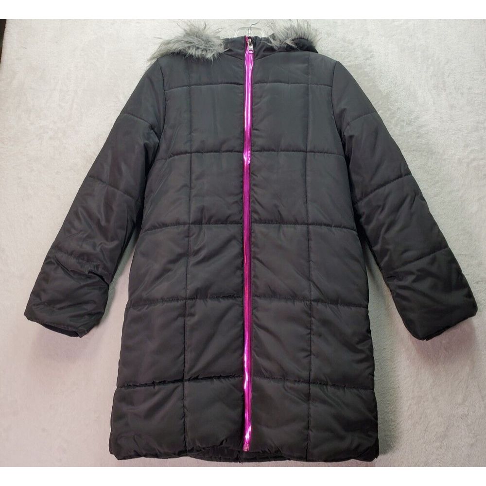 Calvin Klein Puffer Coat Girls Size 12/14 Black Lined Polyester Hooded Full Zip