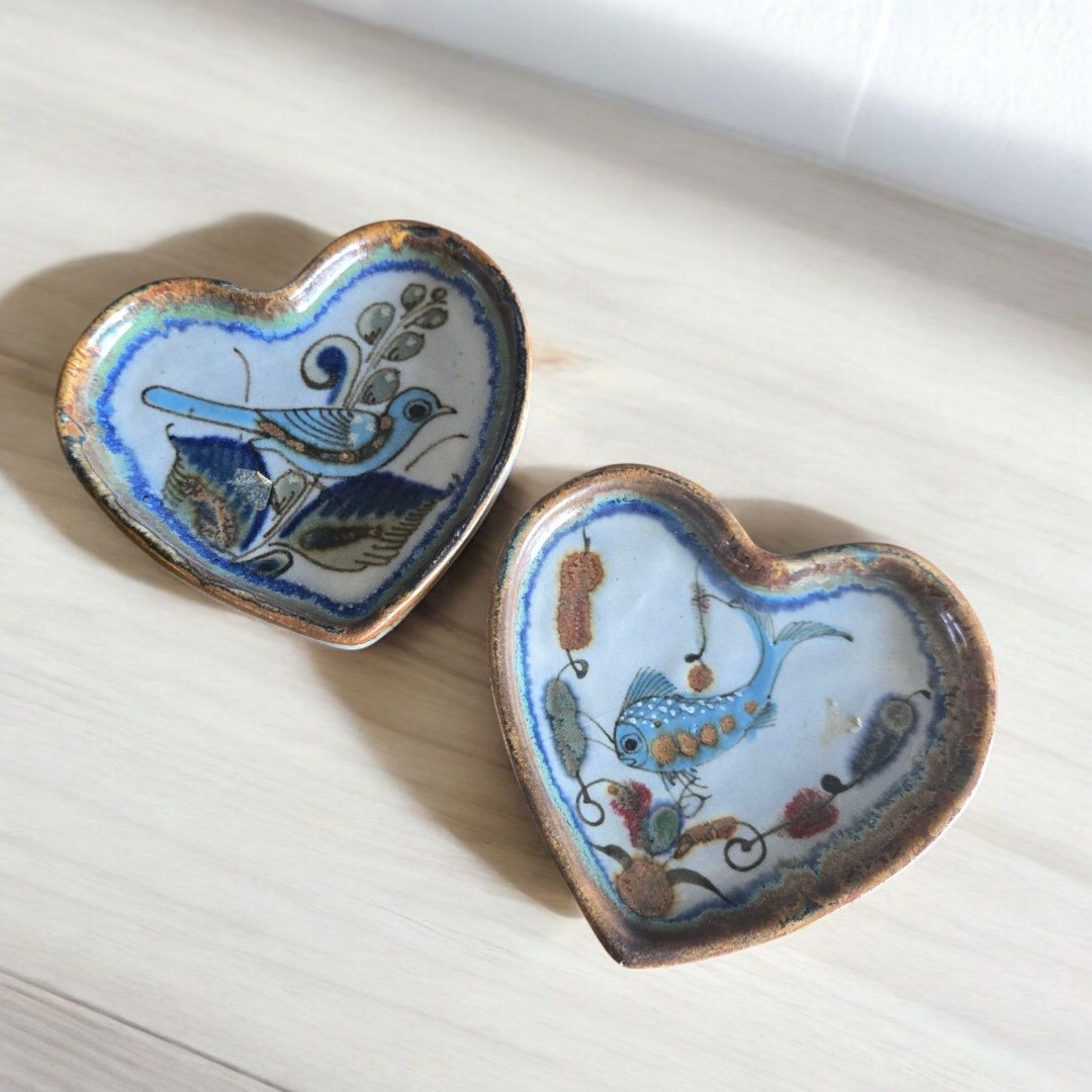 2 Vintage Ken Edwards Heart-Shaped Trinket Dish Hand Painted Mexican