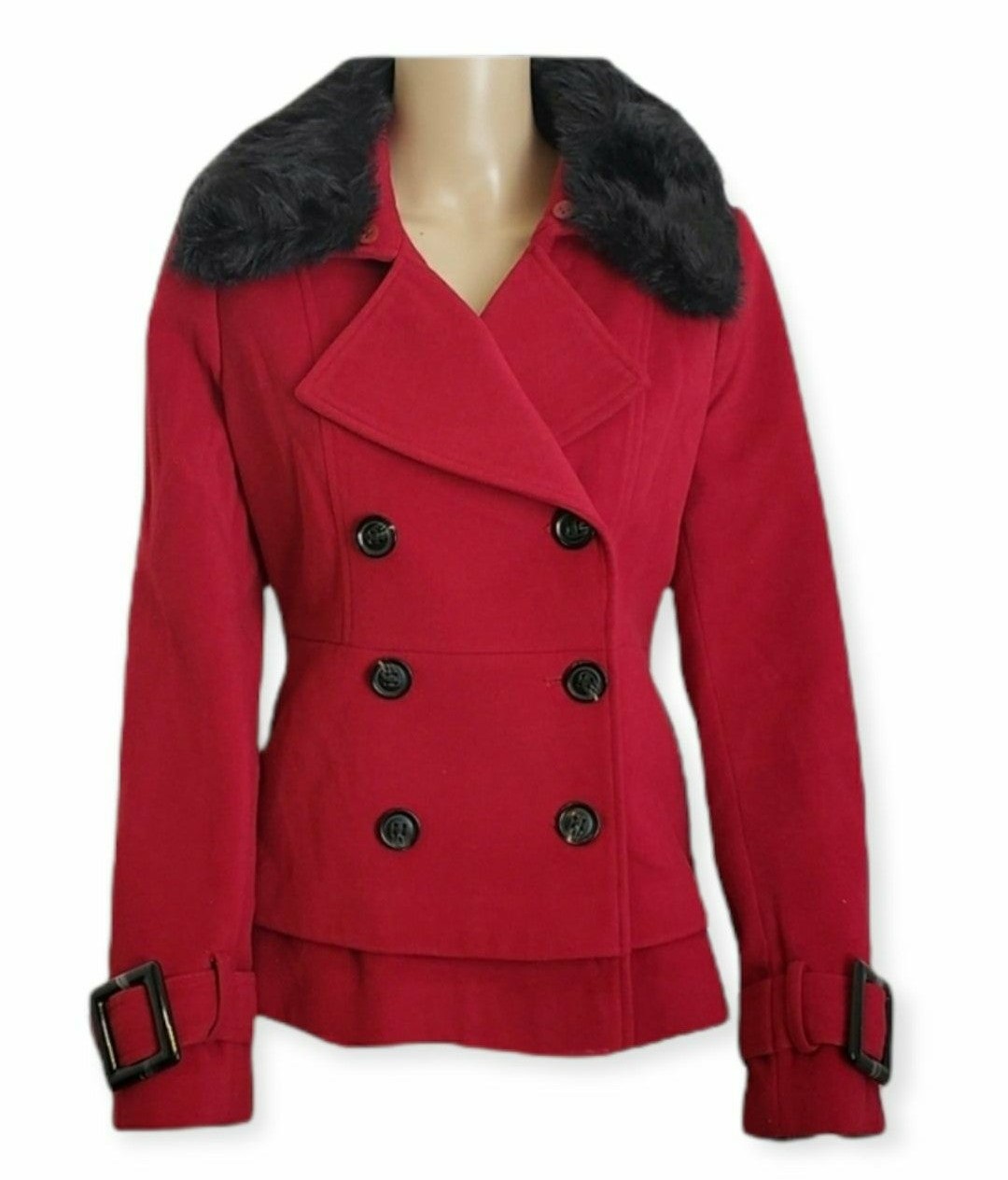 Double Breasted Coat with Faux Fur Trim