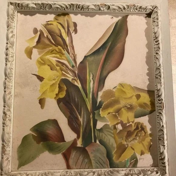 Benjamin Jorj Harris Art Painting from 1940 21x19 in glass yellow lillys