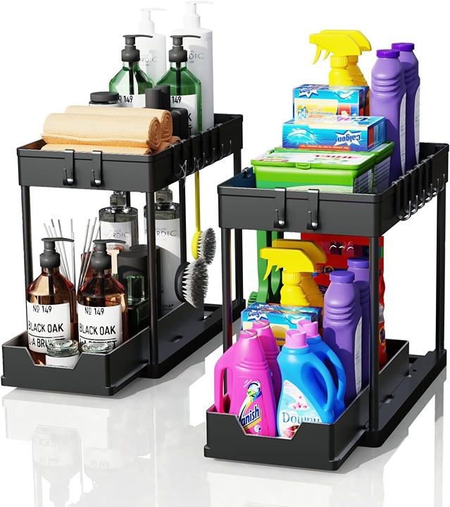 2 Pack Under Sink Organizers and Storage, 2-Tier Sliding Cabinet Basket