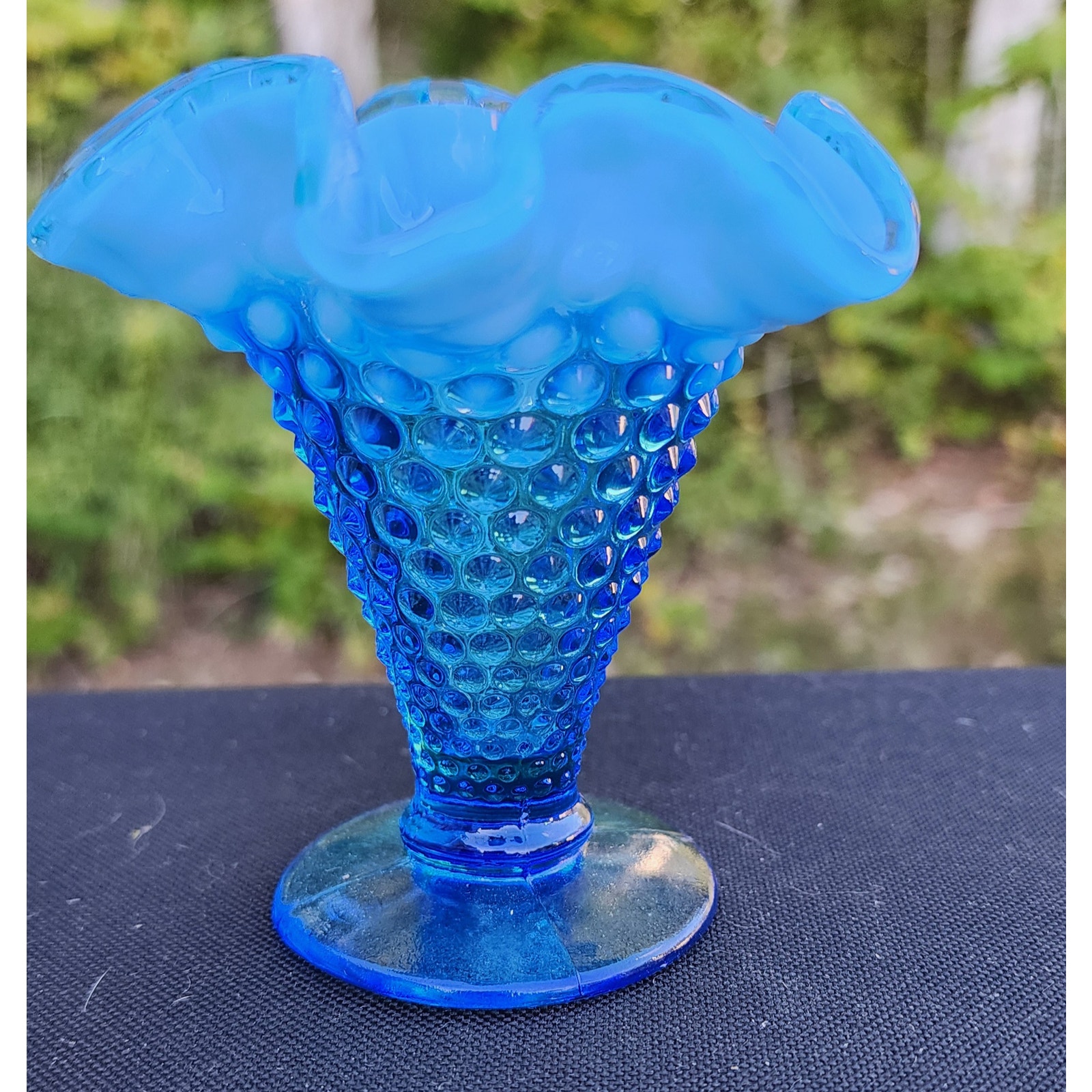 4 FENTON Hobnail Blue Colonial Blue Double Crimped Footed Vase