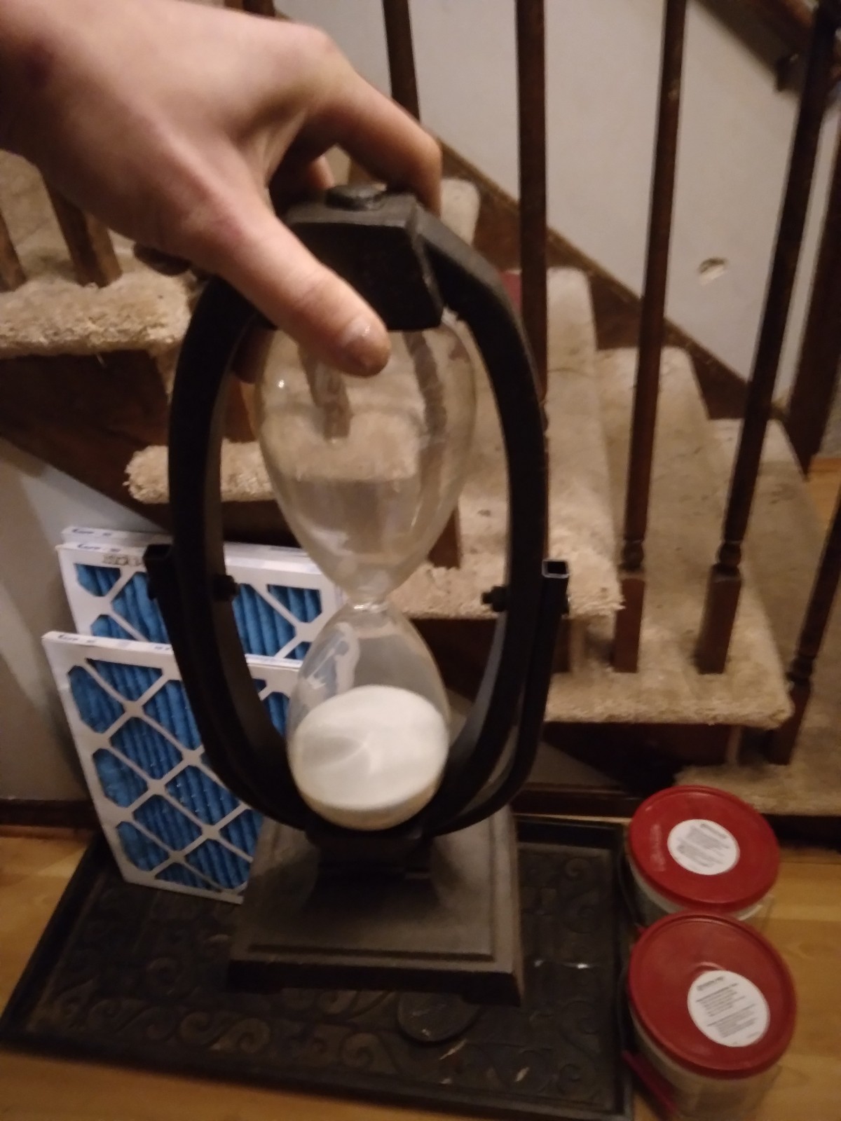 Antique hourglass and misc items