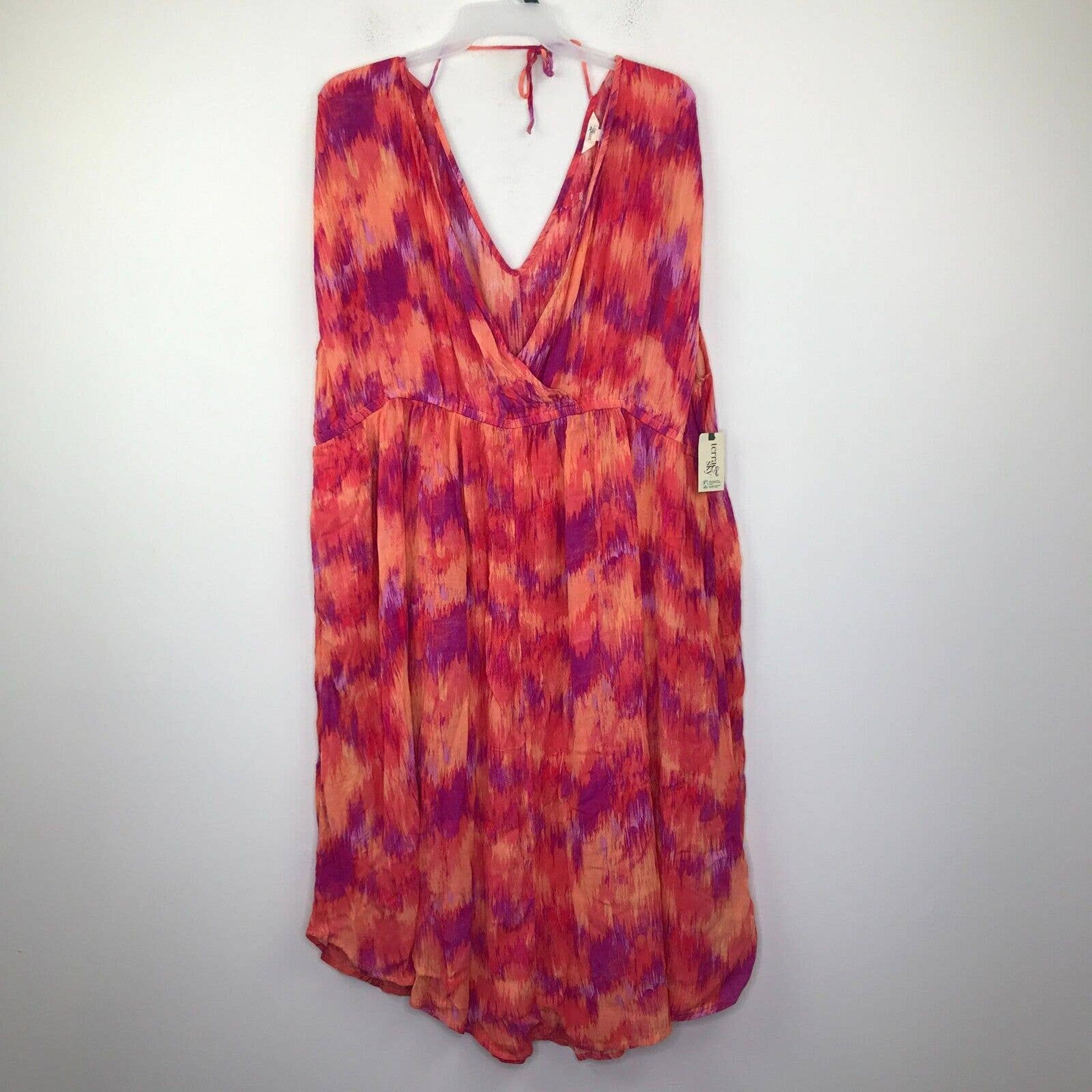 Terra & Sky Women's 3X Dress Orange Purple Surplus Abstract Ikat Midi NWT AR29