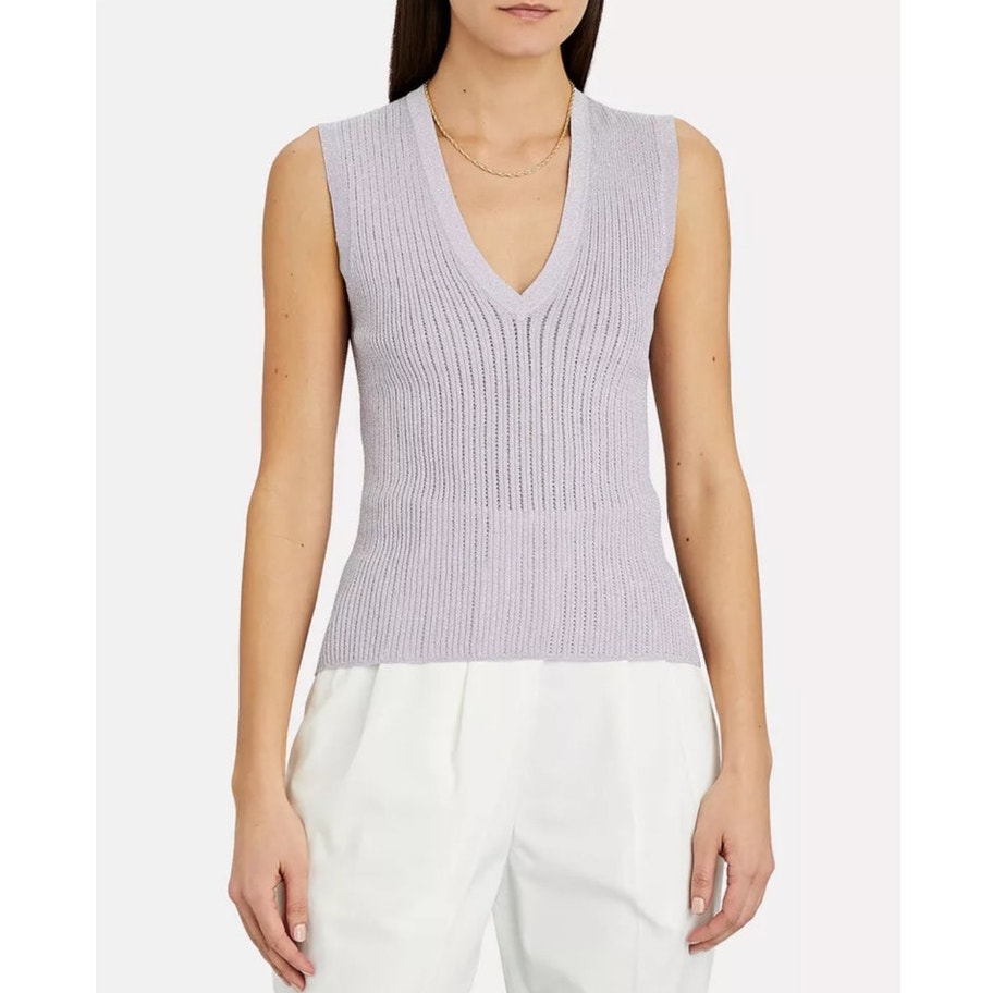 Veronica Beard Sid Rib Knit V Neck Sleeveless Top Blouse Metallic Purple Size M