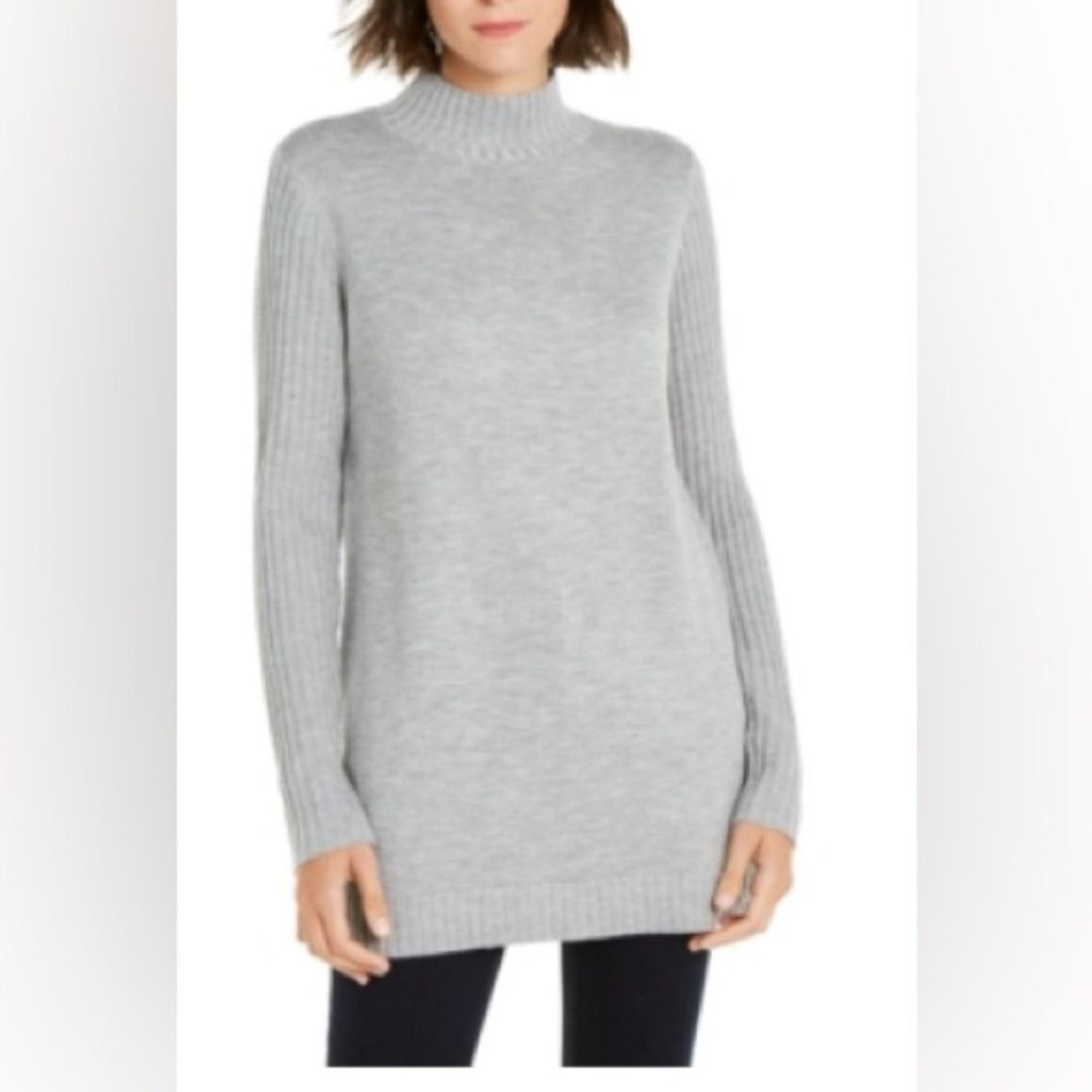 Inc International Concepts Small Mock Neck Light Gray Ribbed Tunic Sweater