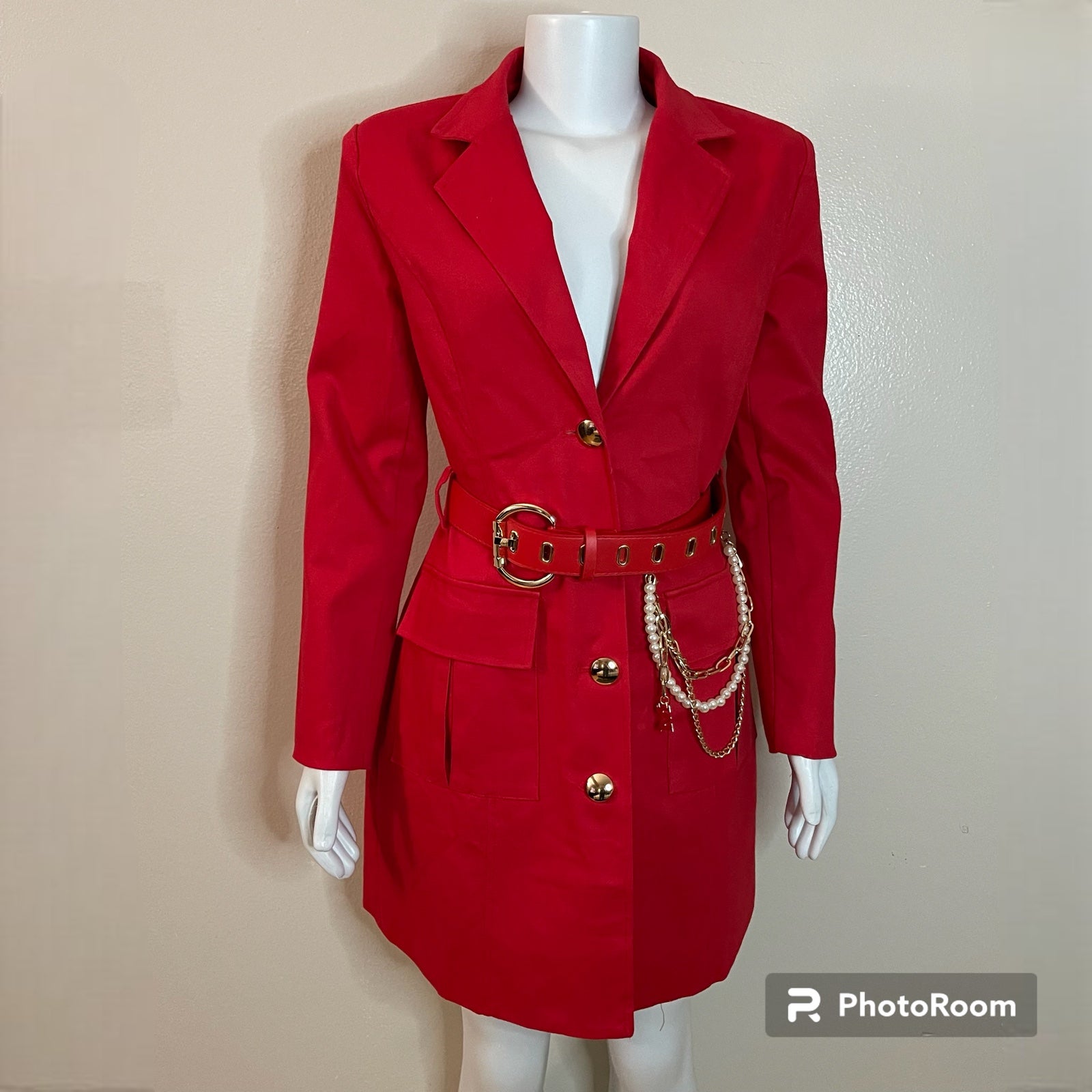 Red single breasted belted over the knee trench coat