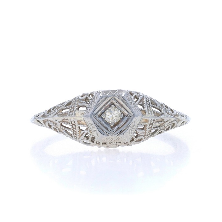 White Gold Diamond Art Deco Solitaire Ring 18k Sngle Cut Vintage Filigree LX4281