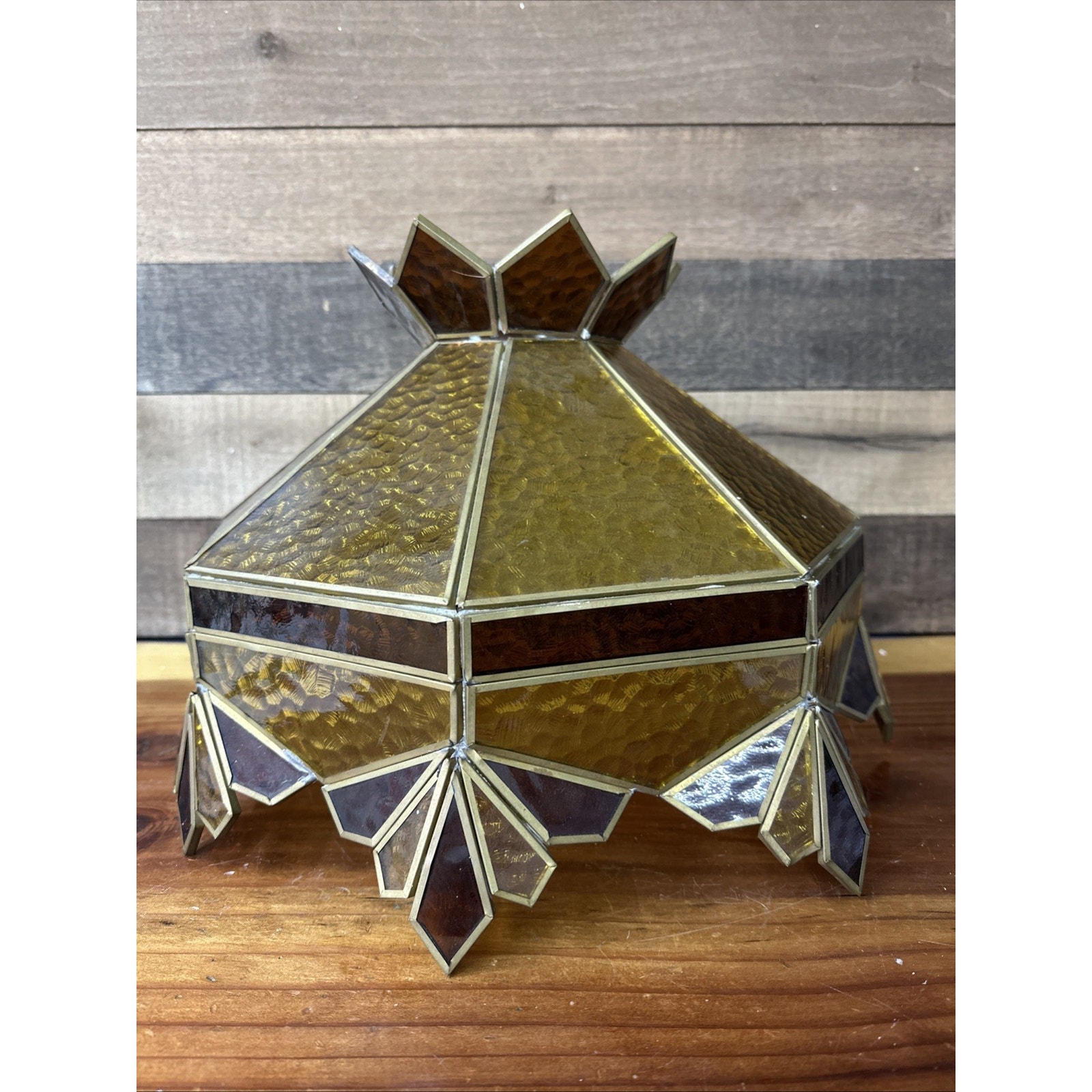 Vintage Stained Glass Shade Tiffany Style Antique Brown Amber -needs Love