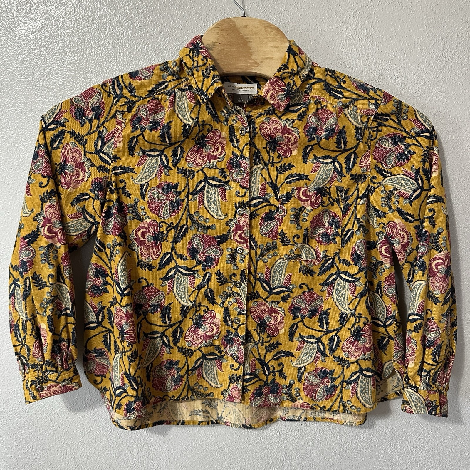 Pilcro Anthropologie Sigourney Corduroy Shirt Yellow Floral Button Up Size SP