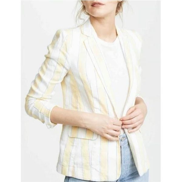 FRAME Yellow Striped Linen One-Button Blazer size 8 yellow white blue