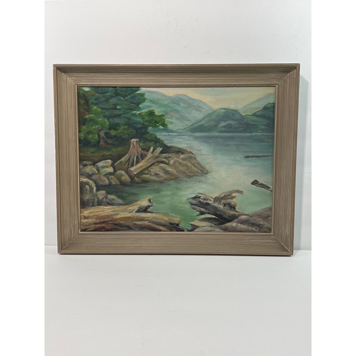 Mid Century Modern Original Painting. Stave Lake BC 1953, signed E Mack.