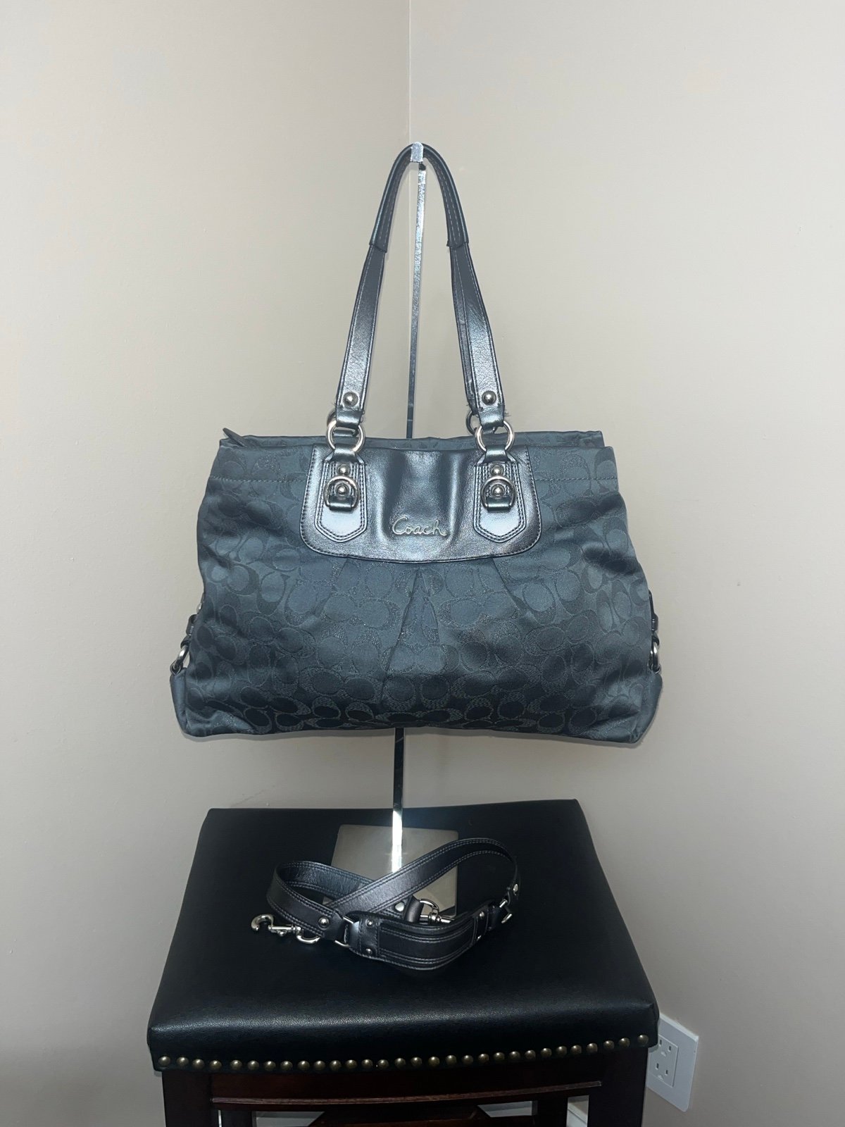 Coach Ashley Metallic Signature Carryall Shoulder Bag Purse Charcoal Gray F18776