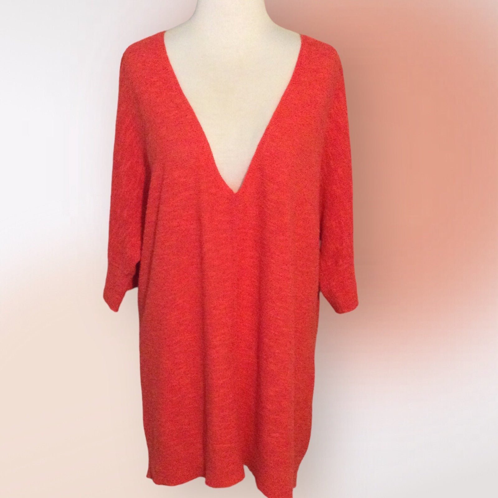 Eileen Fisher Slub Knit Linen Blend Red Poppy Tunic Length Top L Free Scarf!