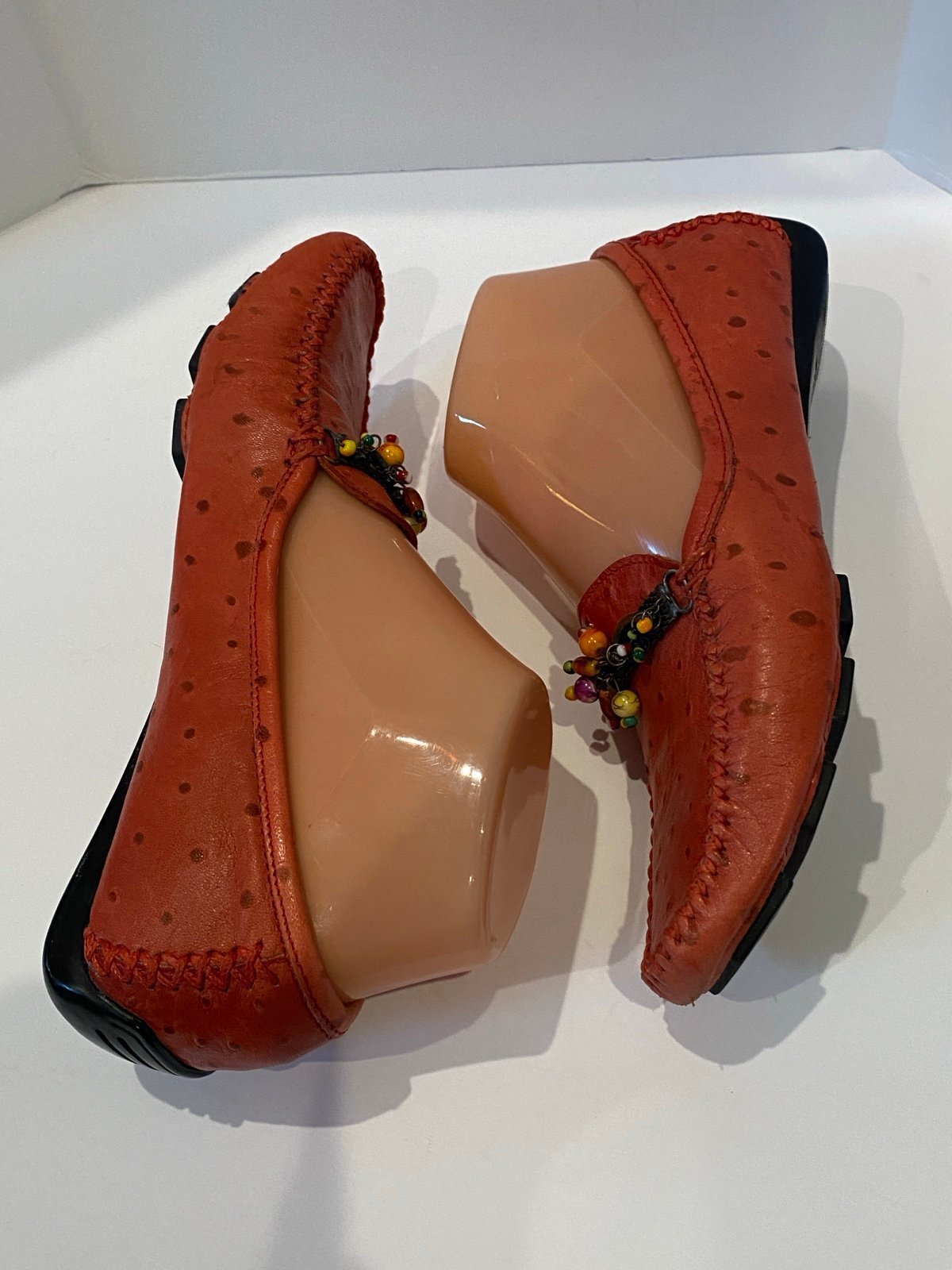 Robert Zur Embellished Driving Loafers Soft Ostrich Leather Red Size 6.5 EUC