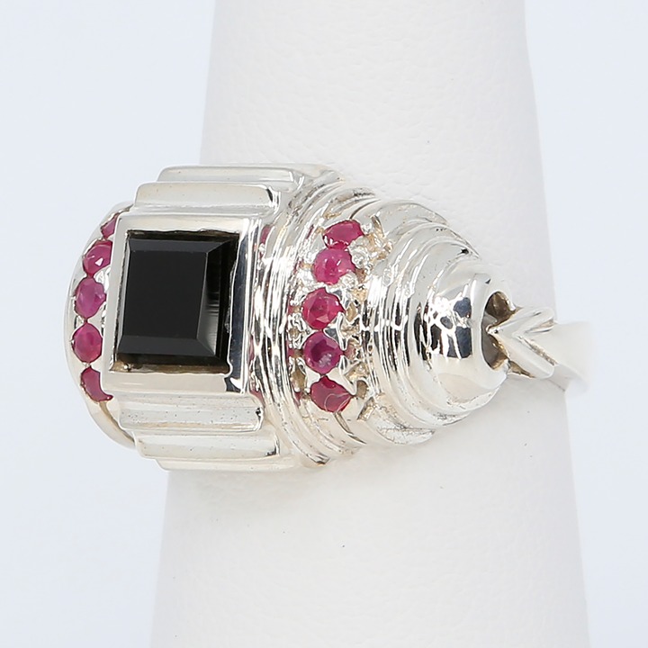 Vintage Art Deco Revival Onyx and Ruby Tank Sterling Silver Ring Size 6.5 1980s