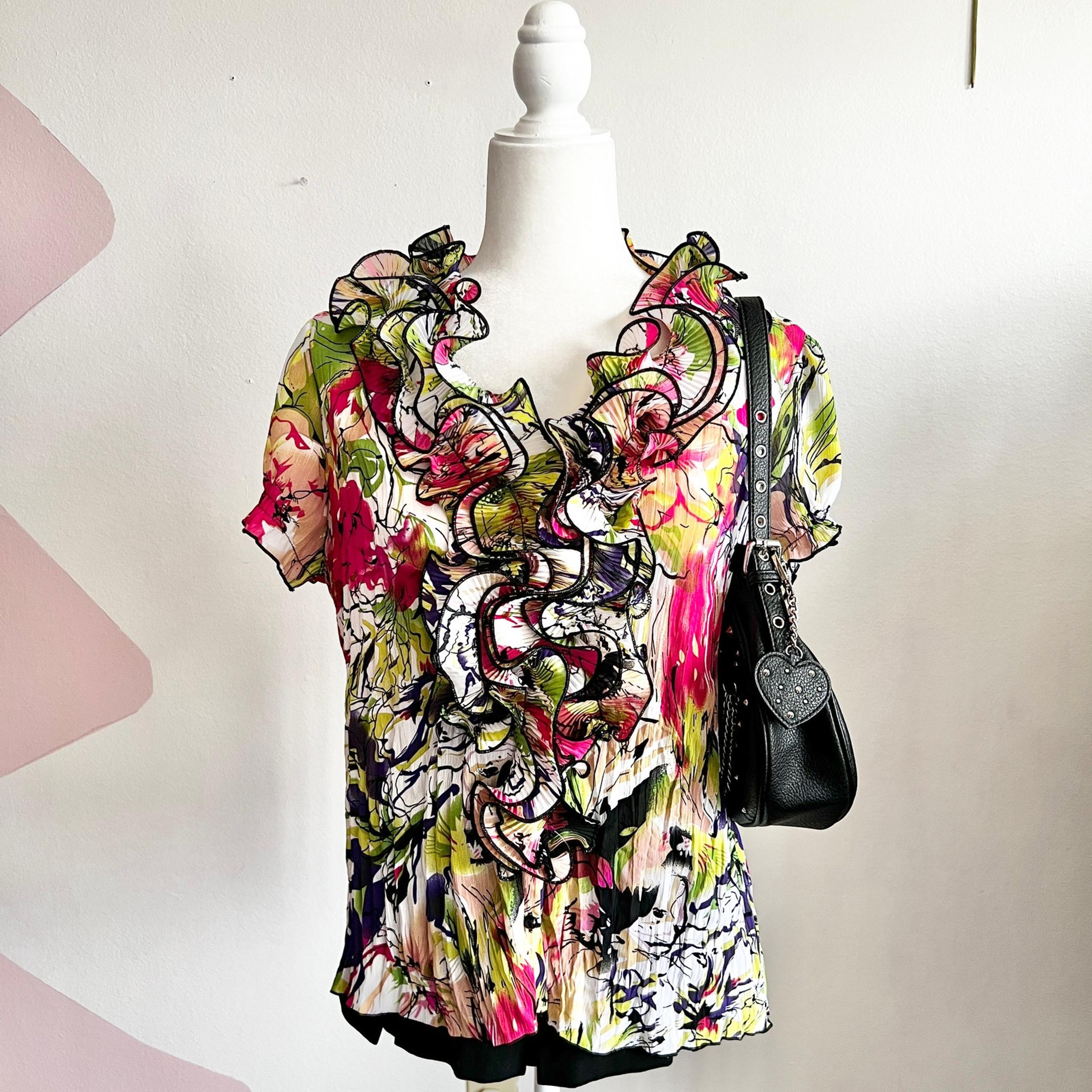 Colorful Abstract Ruffle Blouse, Y2K, Boho, Maximalist, Large, Eclectic,Bohemian