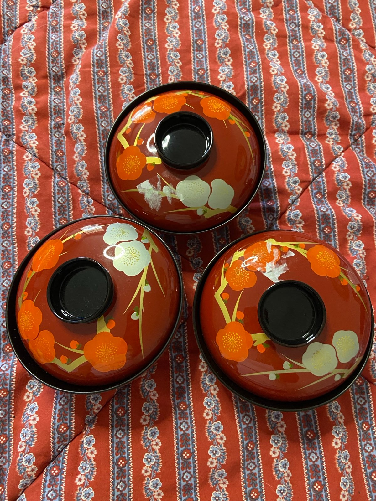 3PC. Japanese Floral Lacquer Rice Bowl w/ Lid