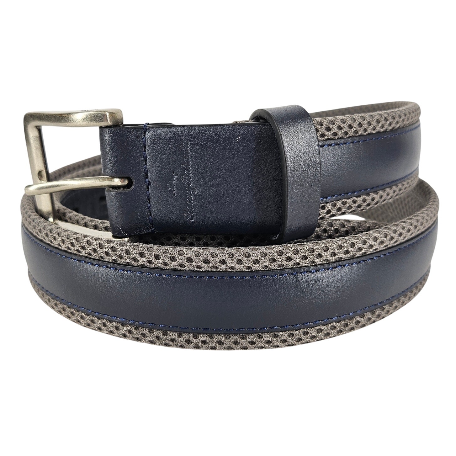 TOMMY BAHAMA MEN'S BLUE LEATHER & GRAY MESH HIDDEN STRETCH BELT – SIZE 46