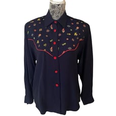 Vintage Desert West by Sherry Holt Western Novelty Print Button Down Shirt Blue