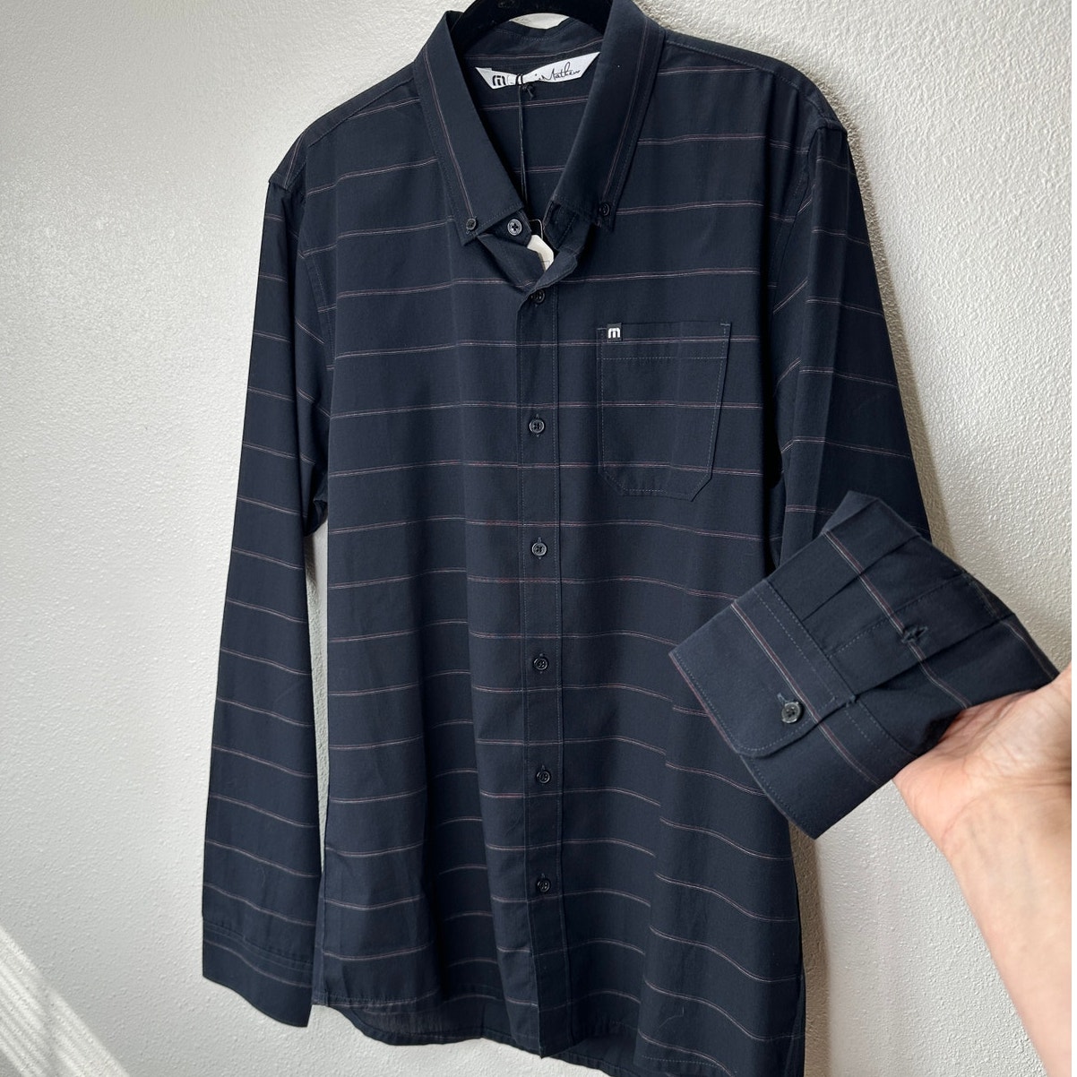 NWT Travis Matthew Black Striped The Crimp Long Sleeve Button Shirt L