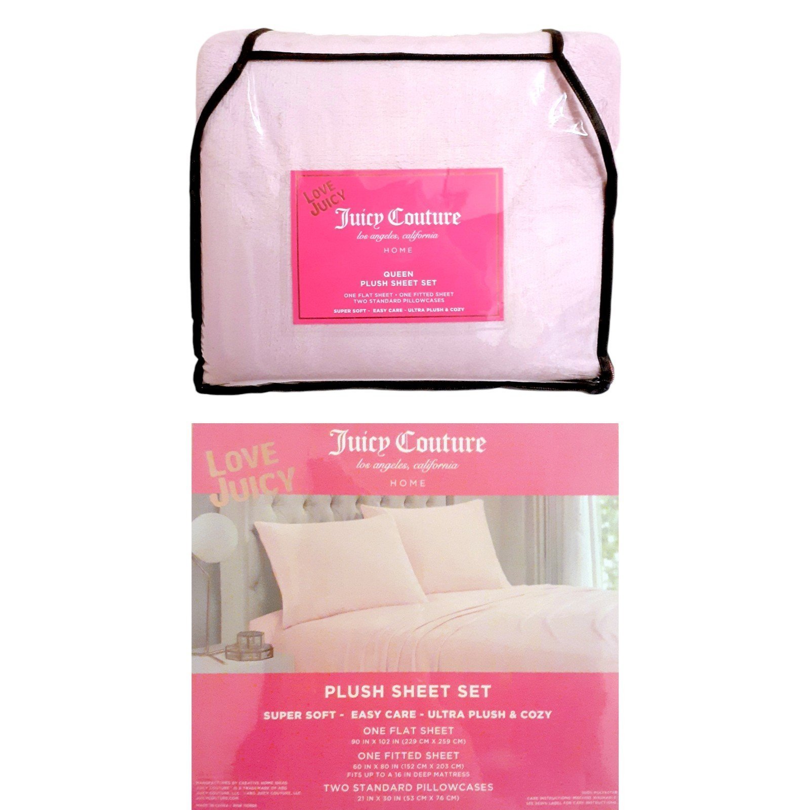 New! Juicy Couture Baby Pink Queen Plush Bed Sheet Set, Baby Pink Soft Bed Set