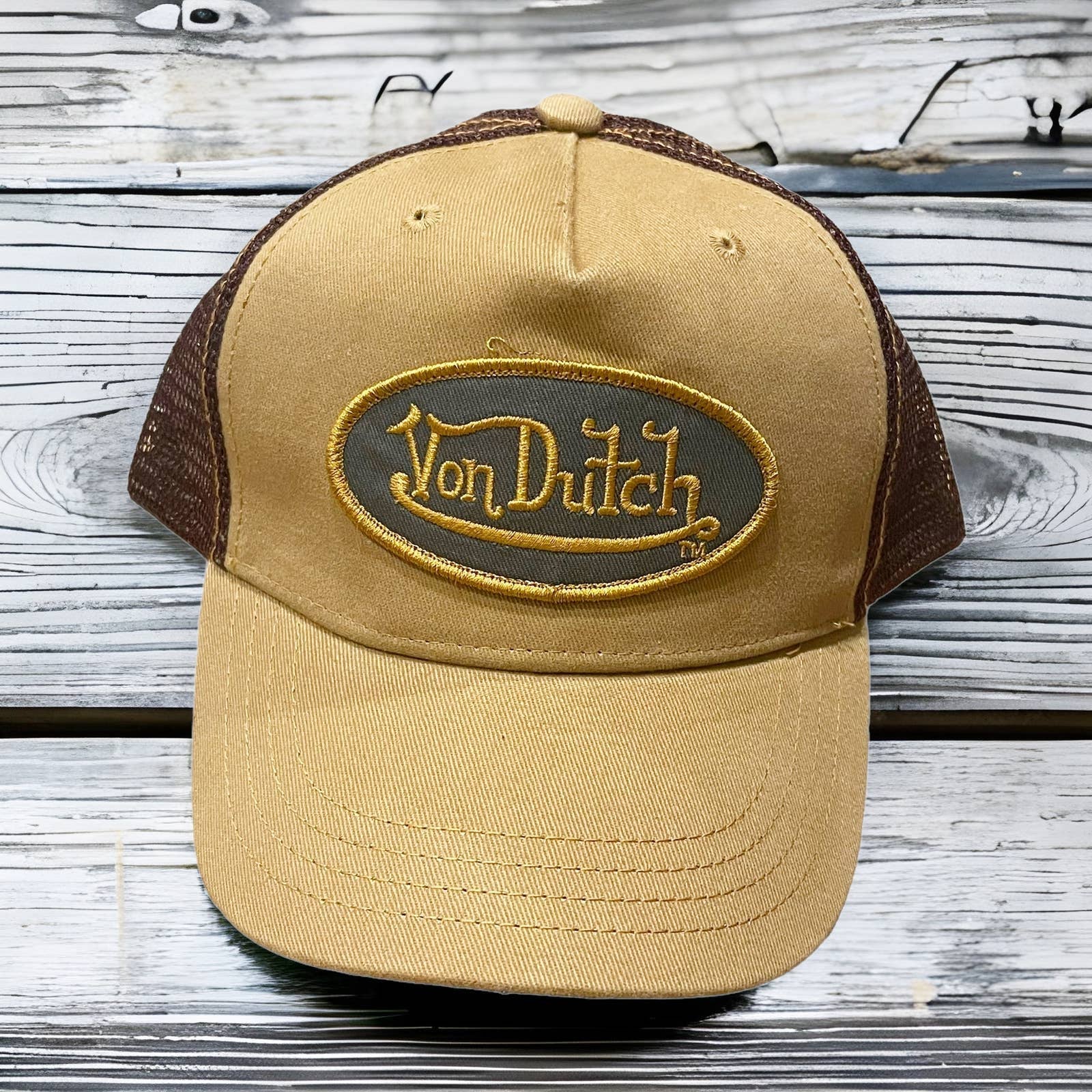 Von Dutch Y2K Trucker Embroidered Snapback Mesh Hat Tan Brown Youth Size NWOT