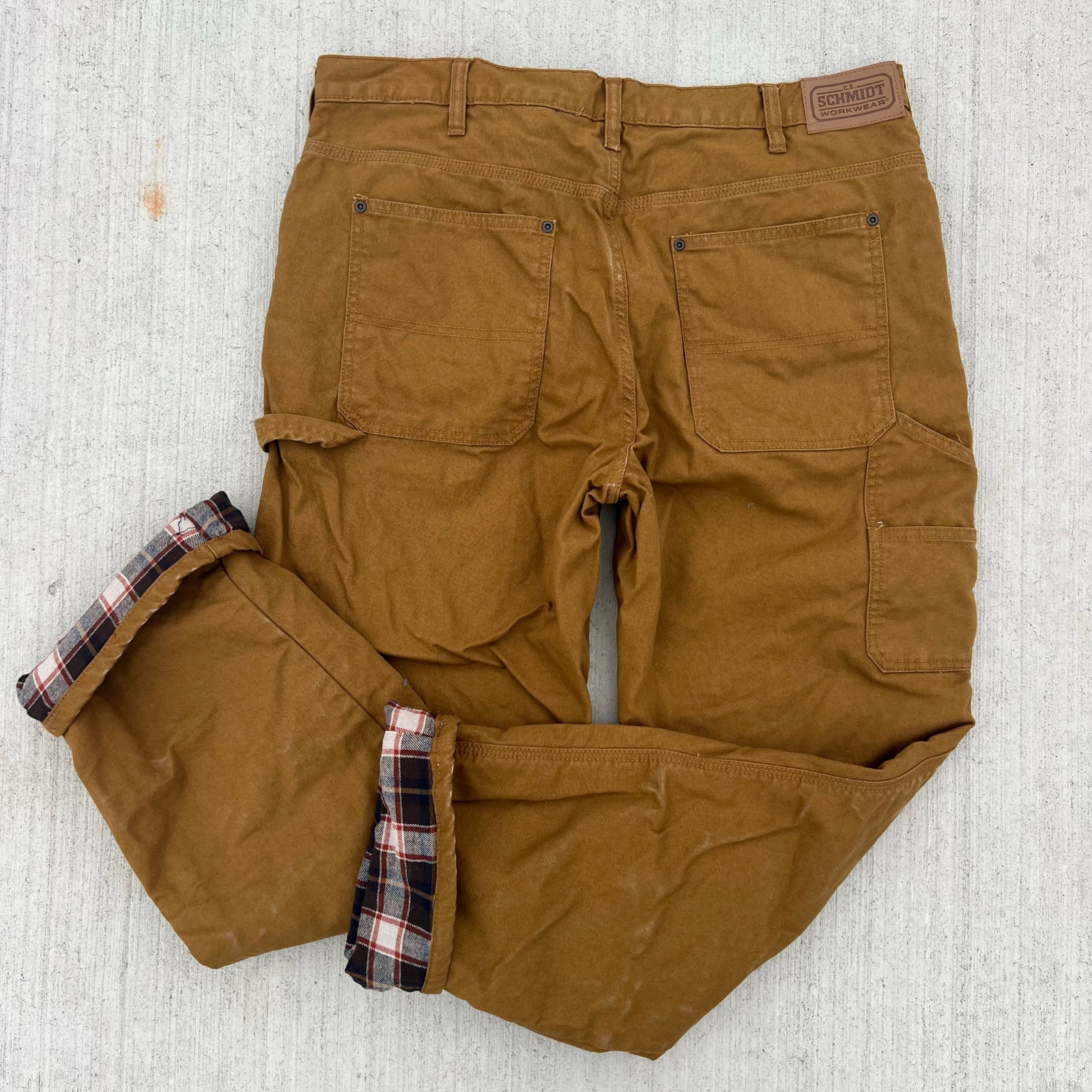 C.E. Schmidt Flannel Lined Duck Canvas Cotton Work Pants 36x34 Camel Tan Brown