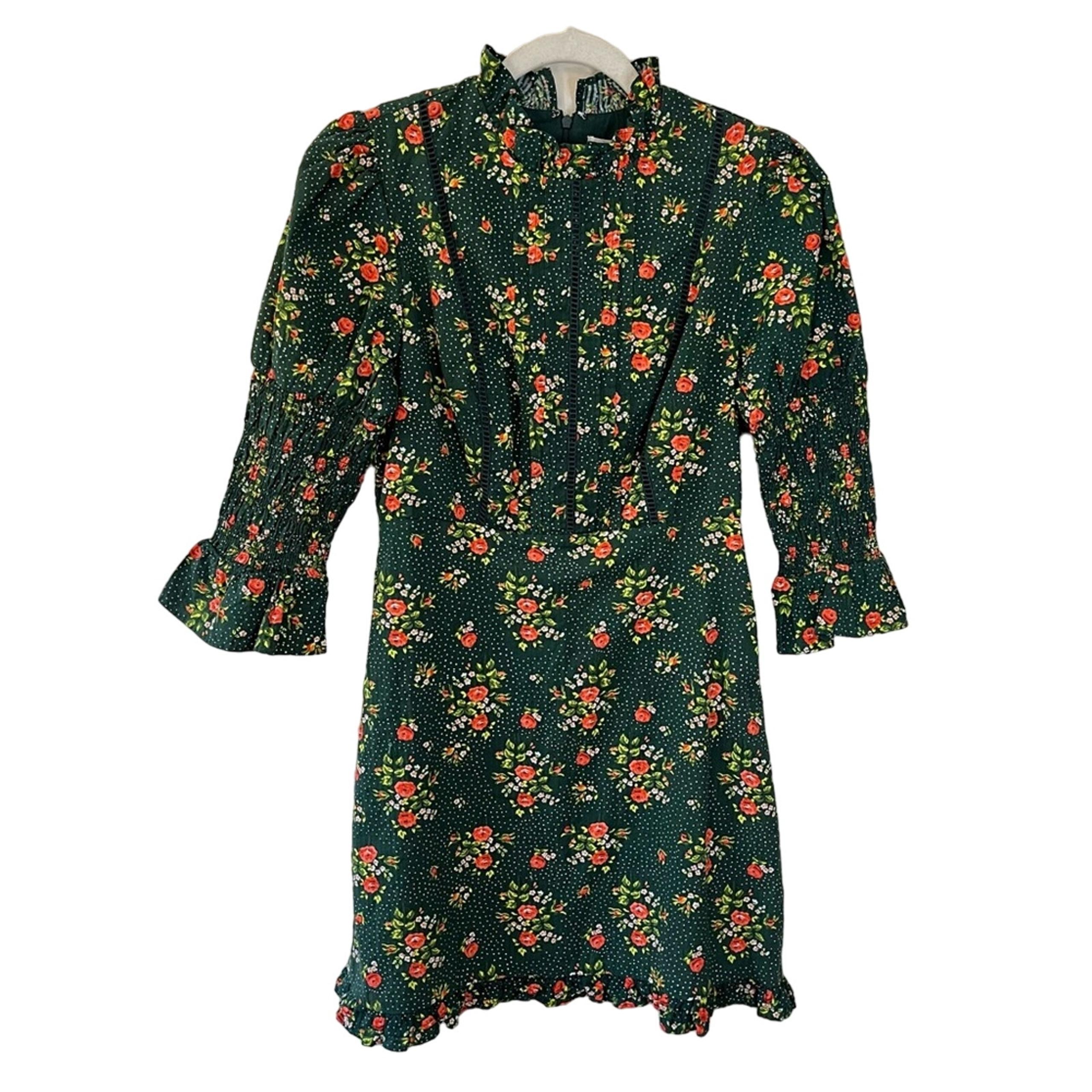 Laura Ashley x Urban Outfitters Maisy Mock Neck Ruffle Floral Retro Dress Green