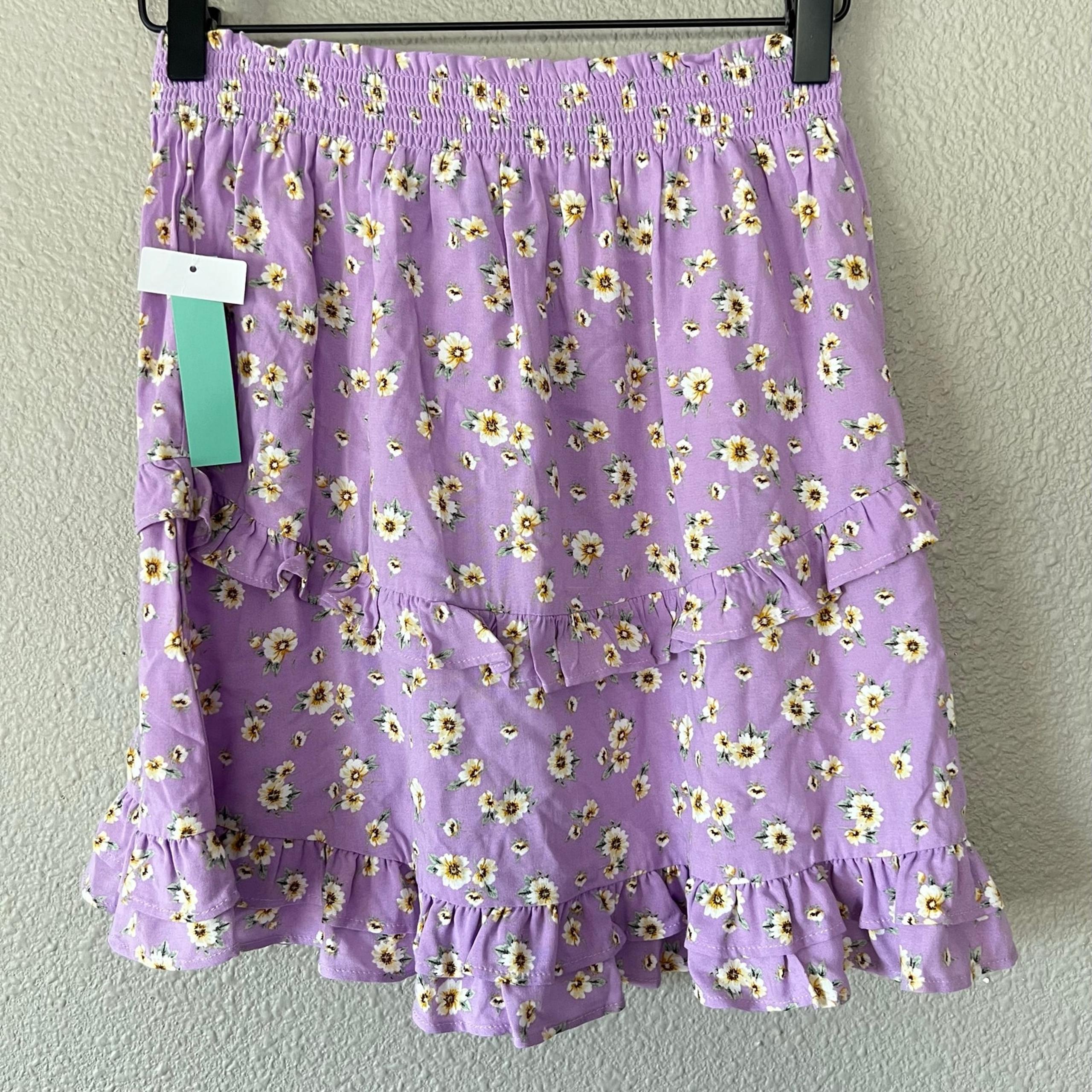 Tiered Ruffle Trim Purple Floral Print Mini Pull On New Skirt Womens Med - Abound