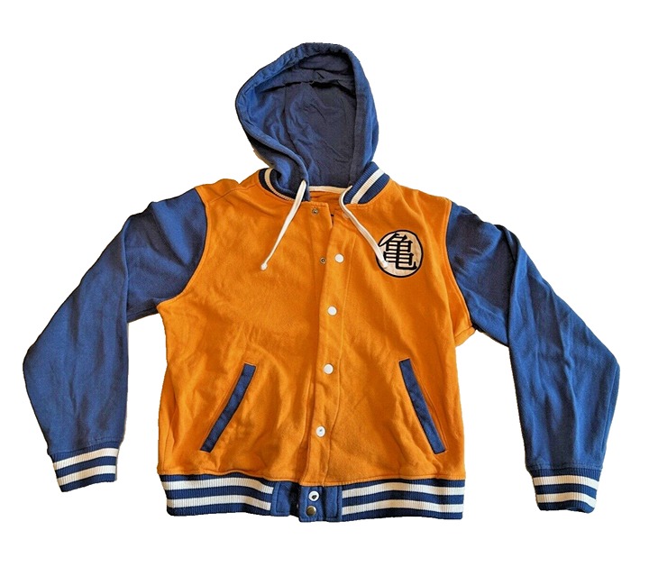SM DRAGON BALL Z Anime Manga Orange Blue Hooded Button Up Varsity Bomber Jacket
