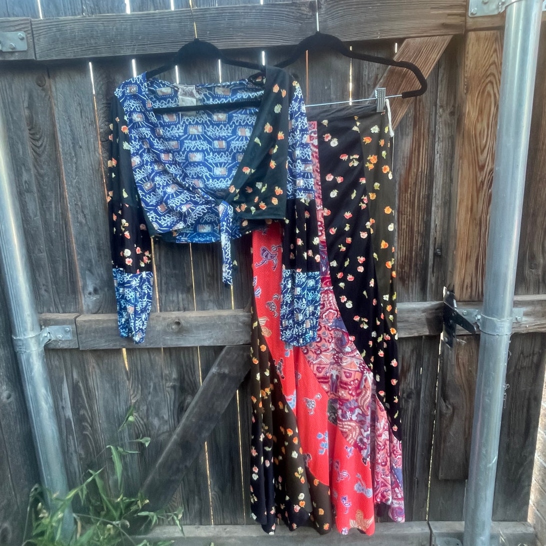 VTG Sunday’s Child cropped knot TOP maxi SKIRT set flapper print Junior Size 5