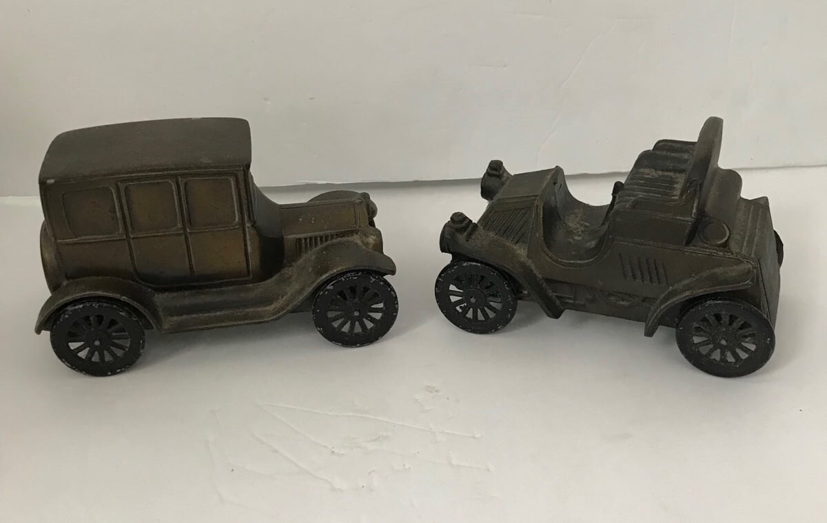 Vintage 2 Brass Antique Car Truck Banks Collectible Solid Metal