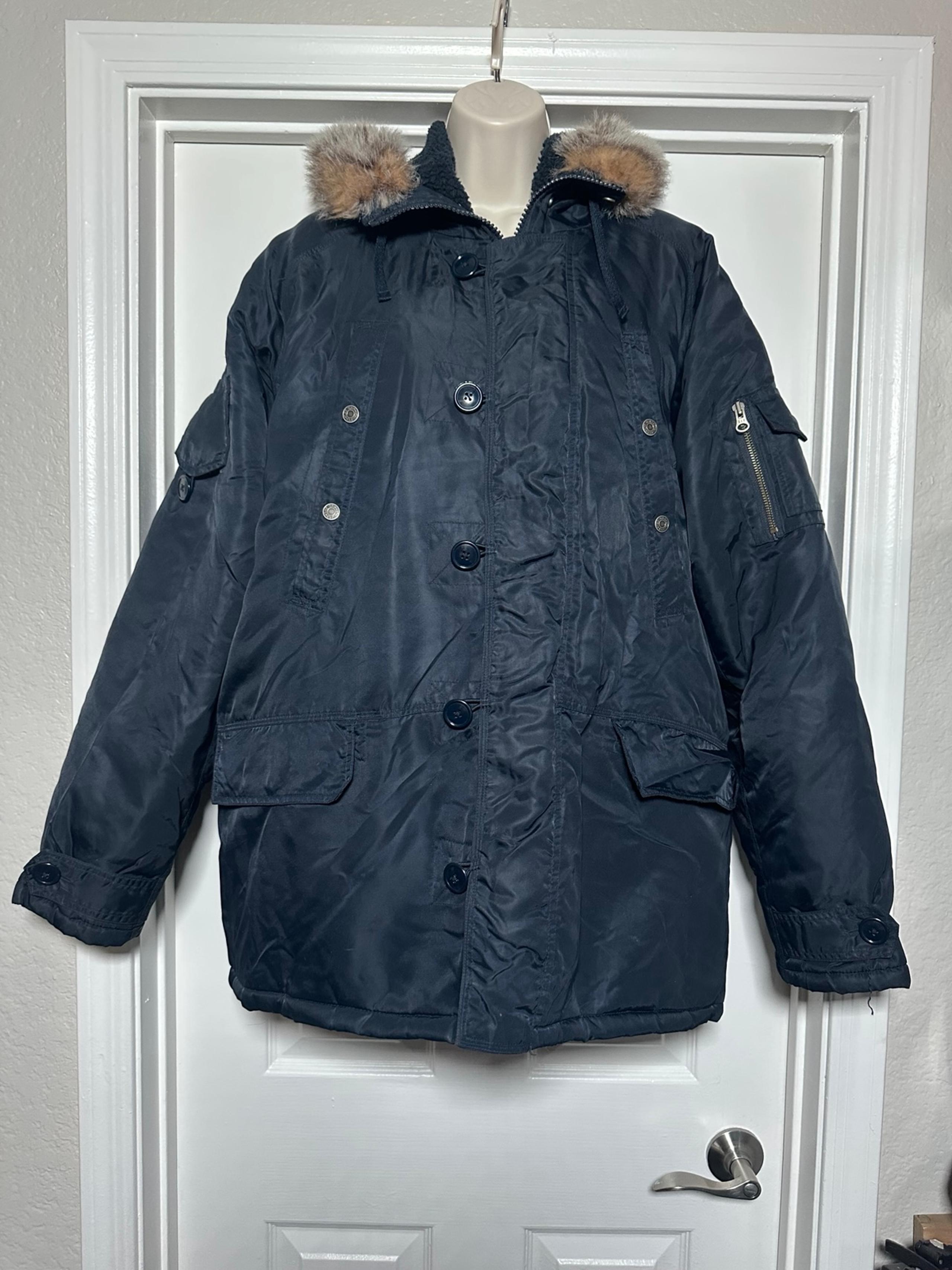 Vintage GAP Women’s Faux Fur Trim Blue Snorkel Jacket Hooded Parka Outerwear LG