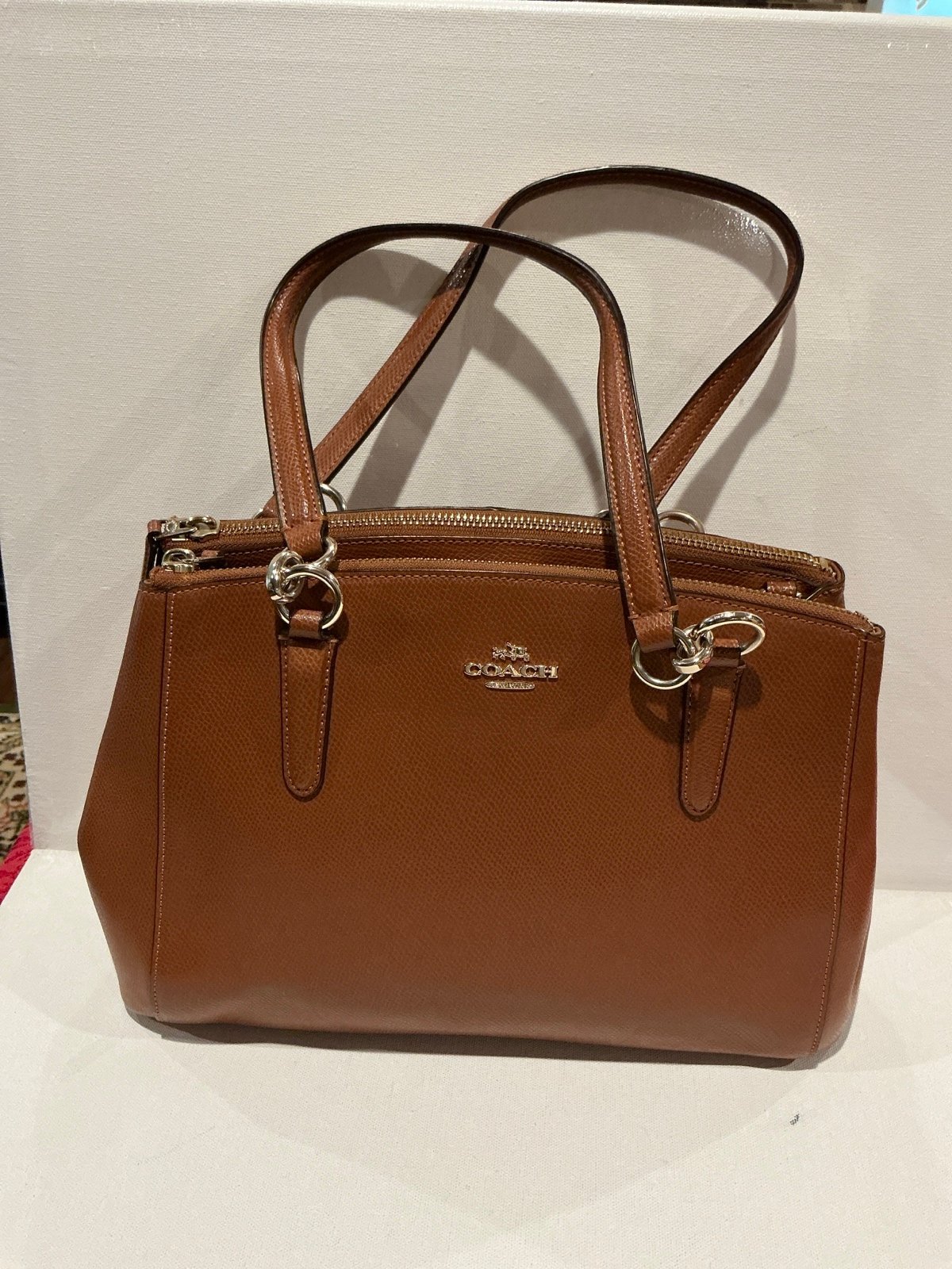 EUC Coach Saffiano Leather Handbag with three compartments and goldtone hardware