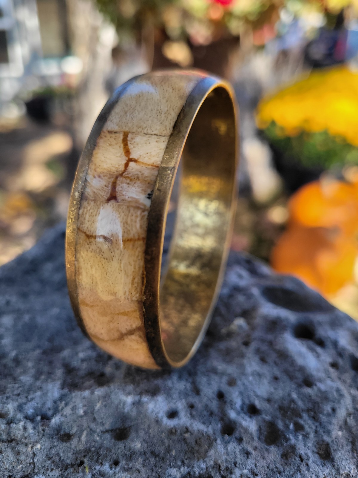 Vintage 70's Tiger Coral Brass Bangle Bracelet