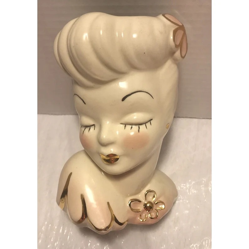 Vintage Glamour Girl Head Vase Planter Beige And Pink With Gold Accents 6.50in H