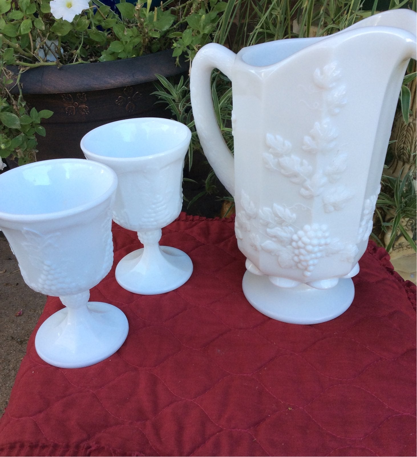 Milk Glass pitcher 2 footed glasses