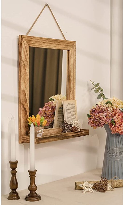 Wall Mirror with Shelf, 20 x 16 inch Farmhouse Decor Wall Mirror Hanging