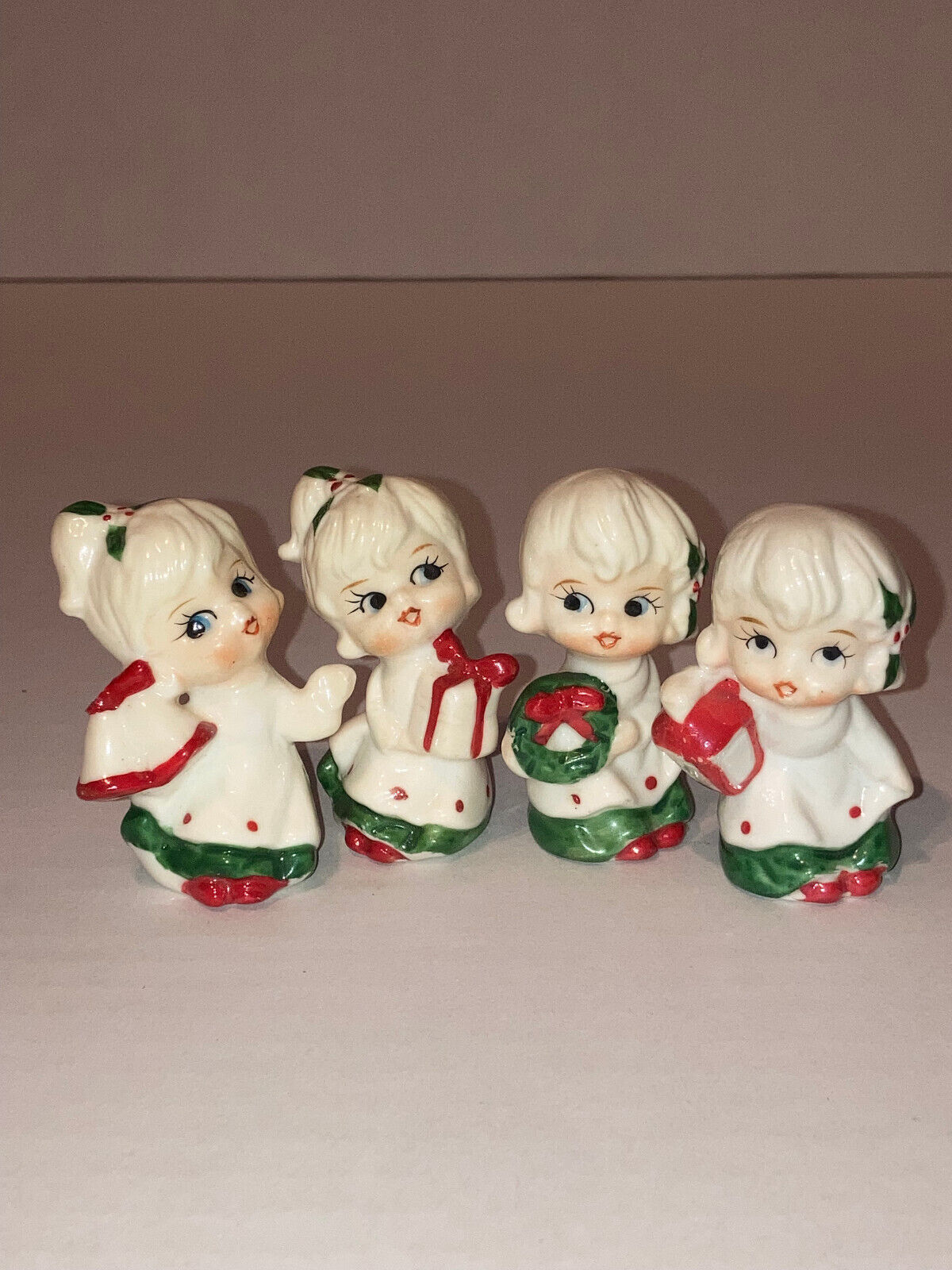 Set of 4 Vintage Napco Porcelain Choir Christmas Holiday Holly Snowflake Girls