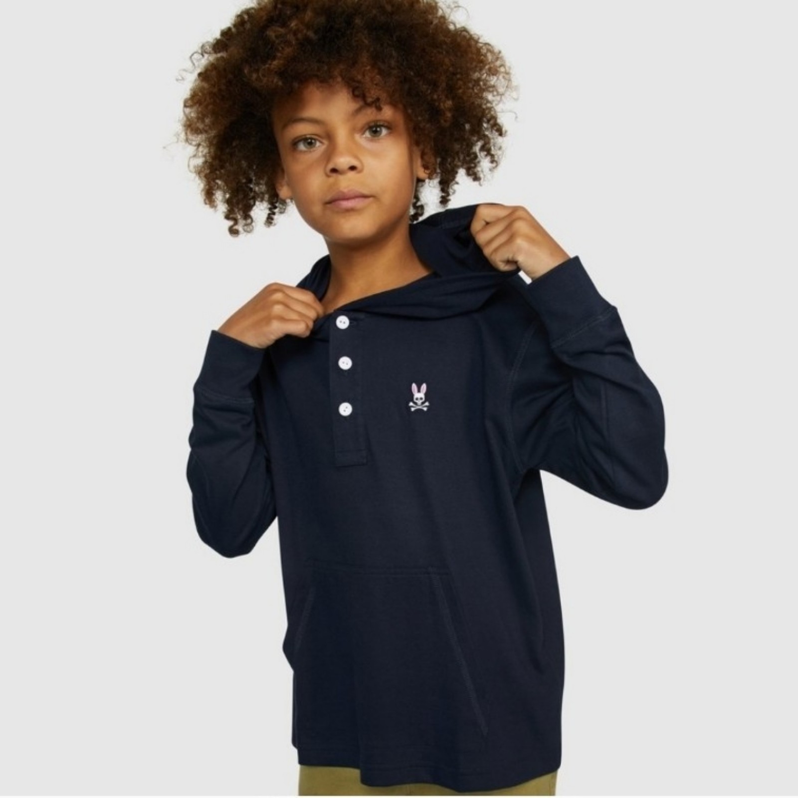 Psycho Bunny Kids Navy Long Sleeve Button Packet Hoodie XS