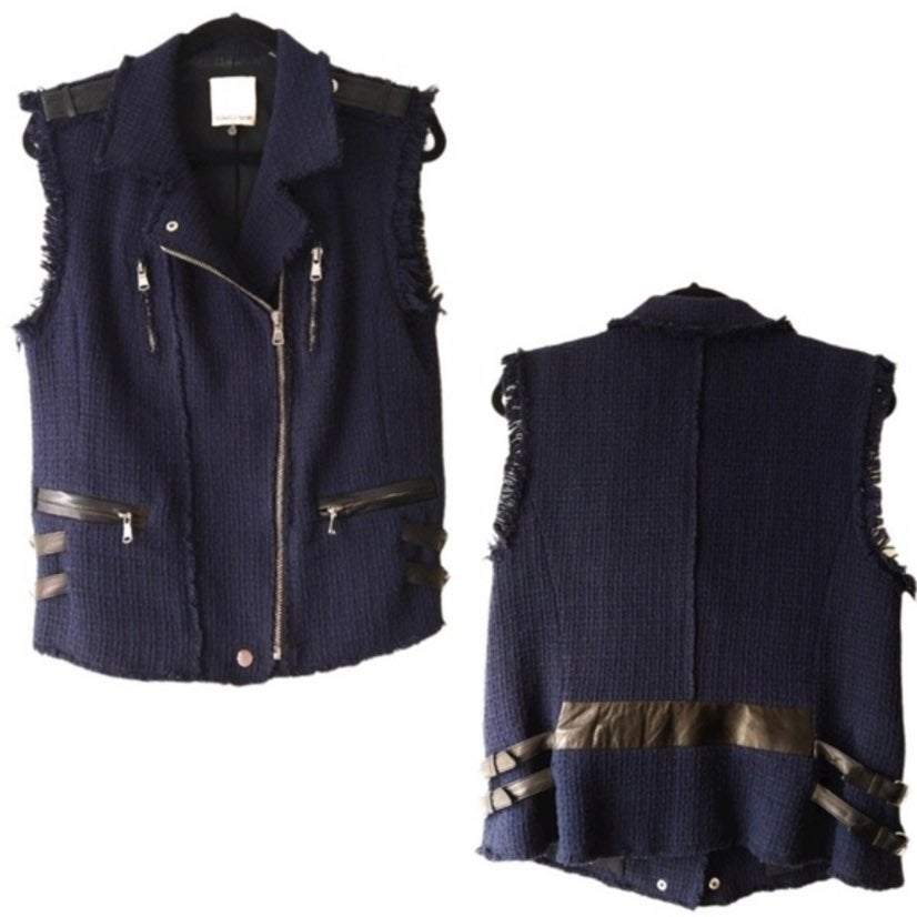 450 Rebecca Taylor Cotton Wool Lamb Leather Tweed Moto Vest jacket