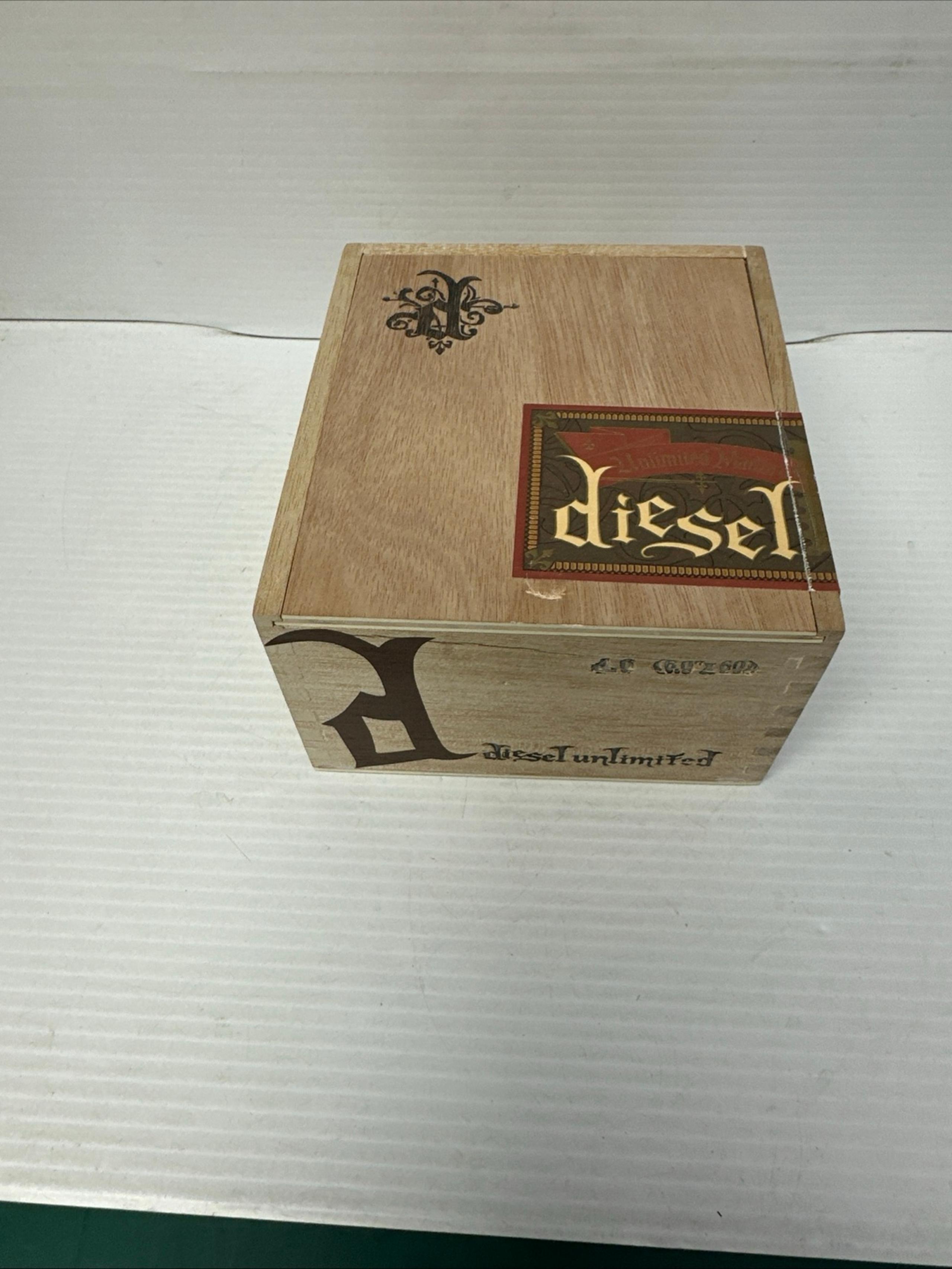 Diesel Unlimited Empty Cigar Box d6 Wooden Large Sliding Top Lid 7”x6”x3-3/4”