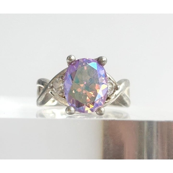Oval Cut Mystic Topaz Crossover Modernist Sterling Silver Vintage Ring - sz 5