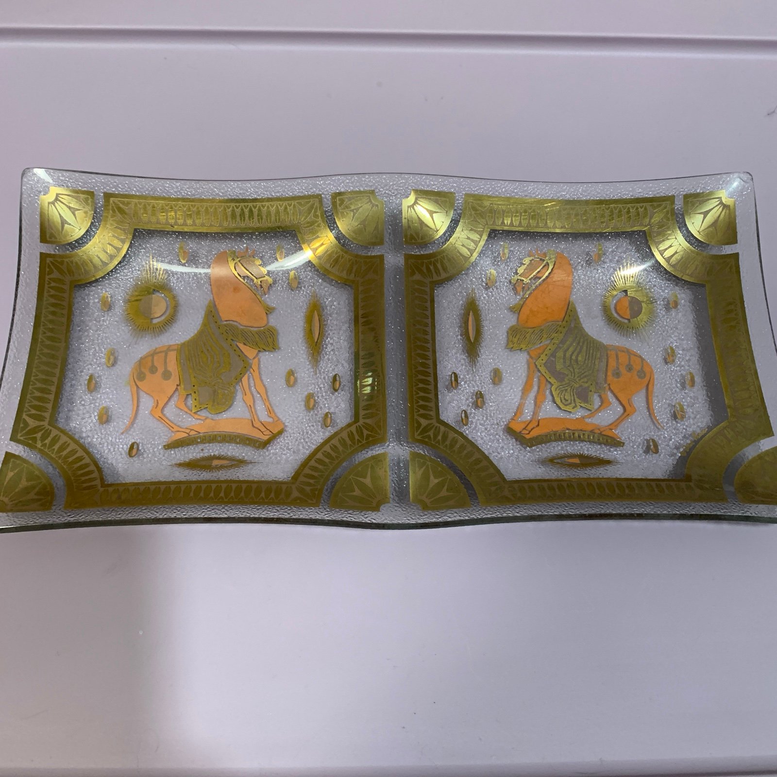 1960s Mcm Fred Press Divided Trojan Glass Tray Horses Gold Read Description