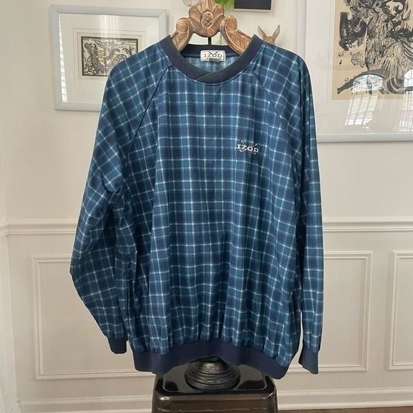 Vintage 90s Izod Plaid Golf Pullover Soft Shell Windbreaker Knit Waist Cuff Blue