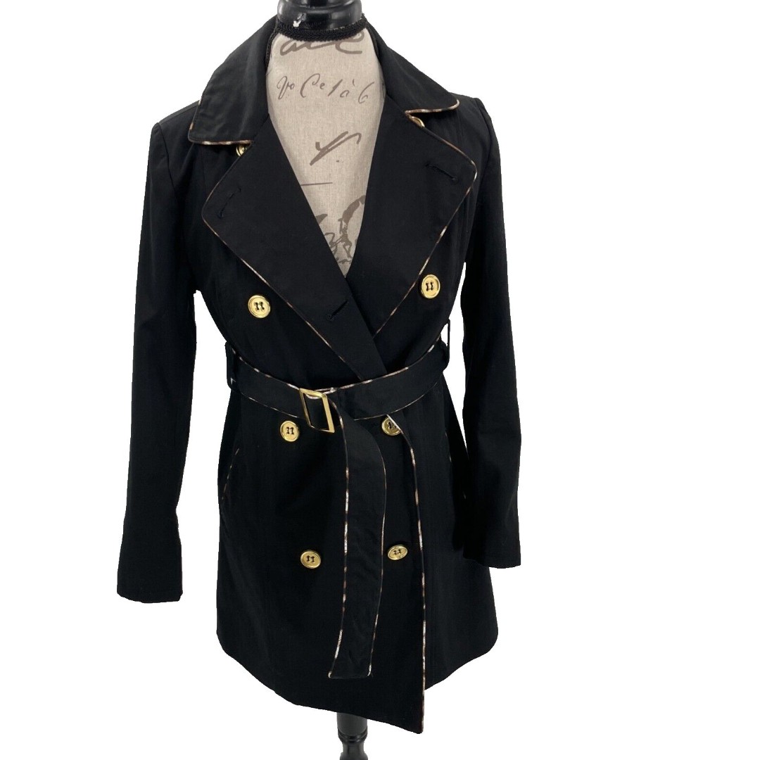 Thalia Sodi Black Trench Coat Small Leopard Animal Print Trim Belt Buttons