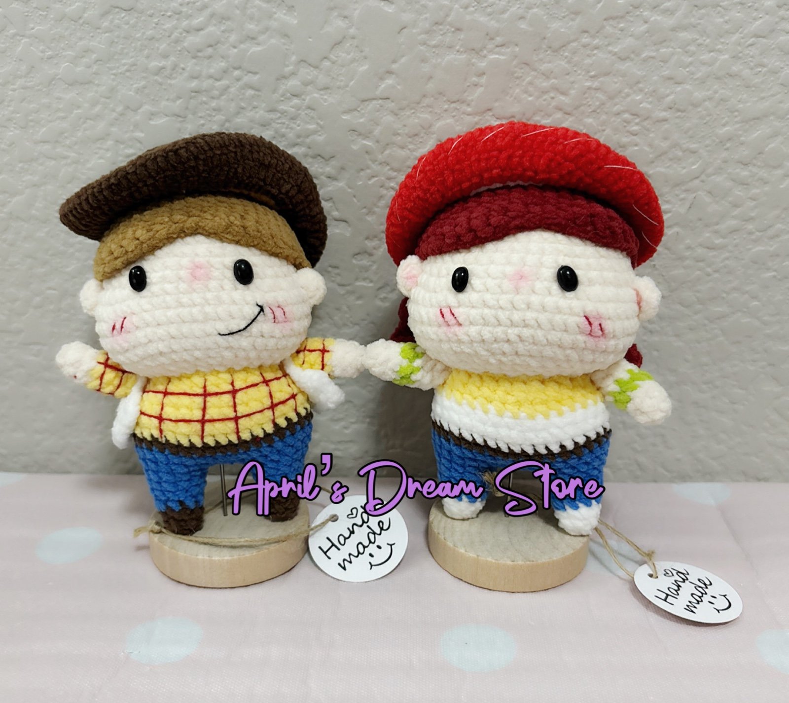 Handmade Crochet Doll Crochet Woody and Jessie From Toy Story with Display Stand